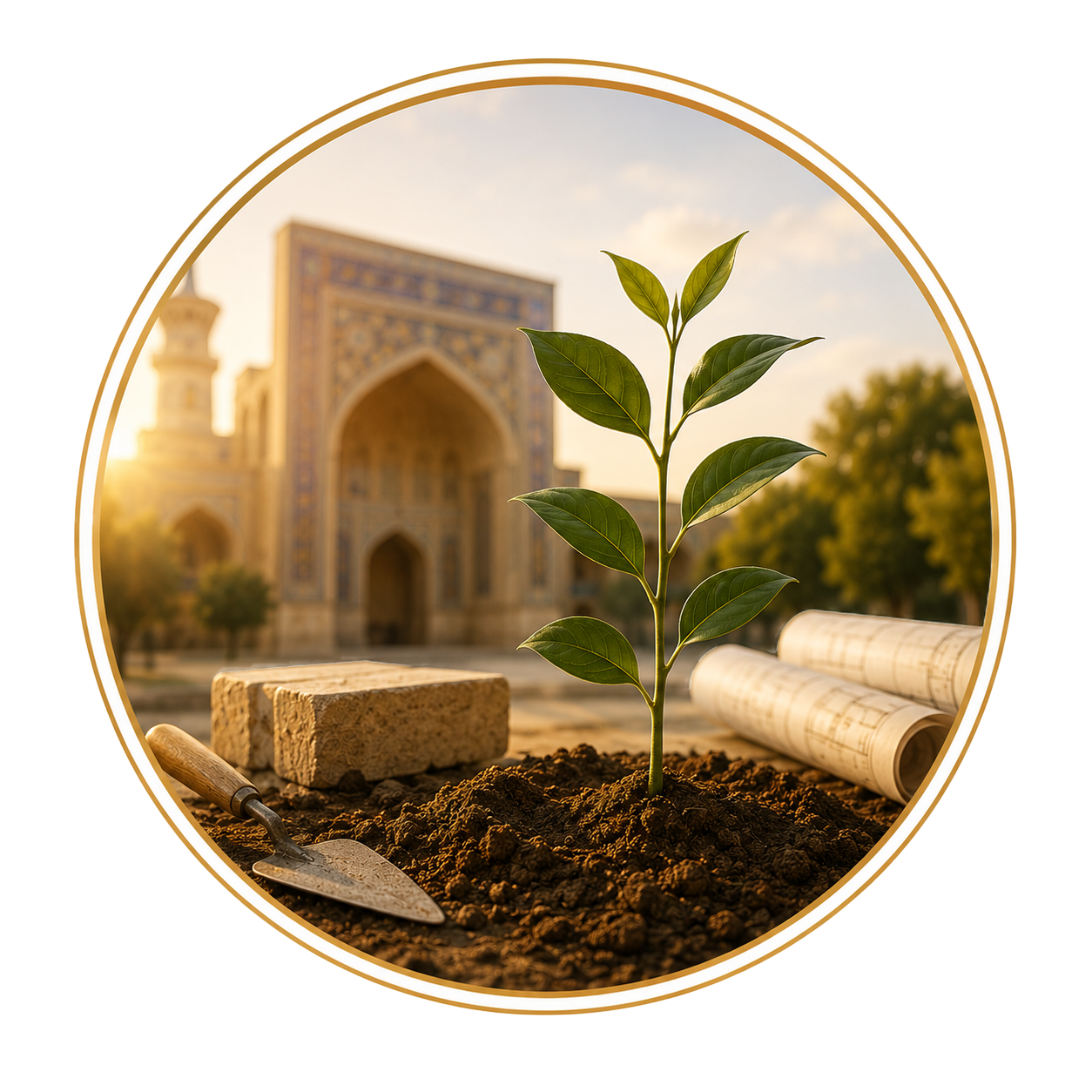 نهال تازه‌کاشته در محوطهٔ موقوفه